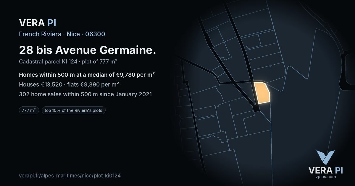 28 bis Avenue Germaine, Nice at night – the plot lit, the parcels around coloured by the prices near them