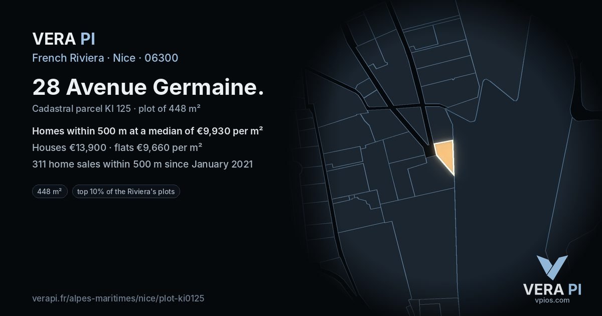 28 Avenue Germaine, Nice at night – the plot lit, the parcels around coloured by the prices near them
