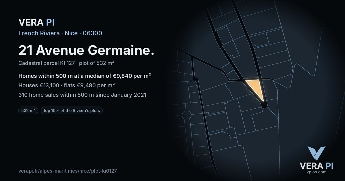 21 Avenue Germaine, Nice at night – the plot lit, the parcels around coloured by the prices near them