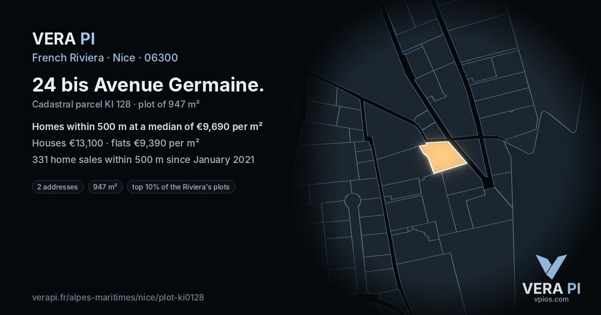24 bis Avenue Germaine, Nice at night – the plot lit, the parcels around coloured by the prices near them