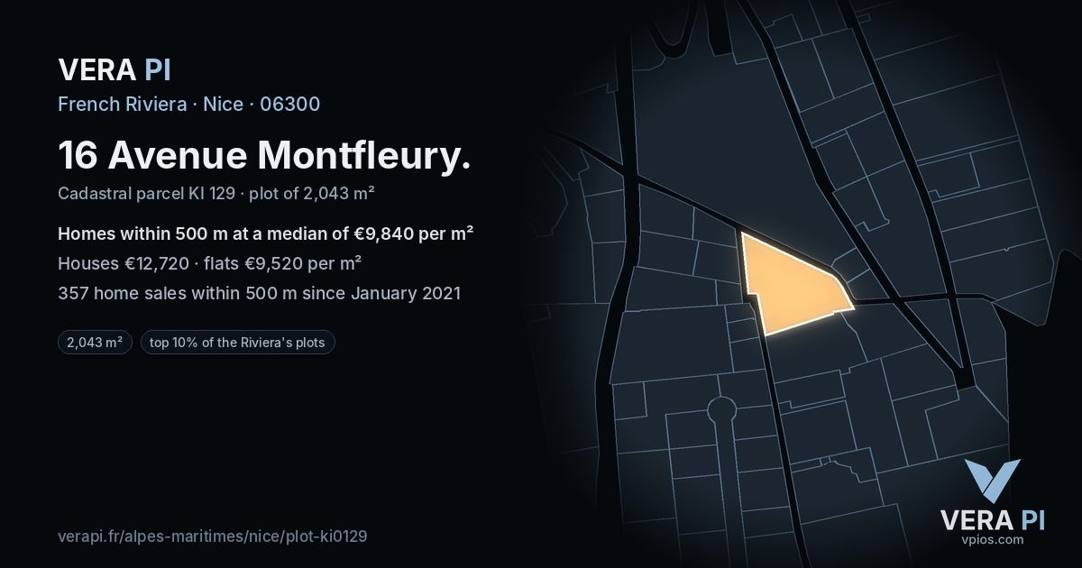 16 Avenue Montfleury, Nice at night – the plot lit, the parcels around coloured by the prices near them