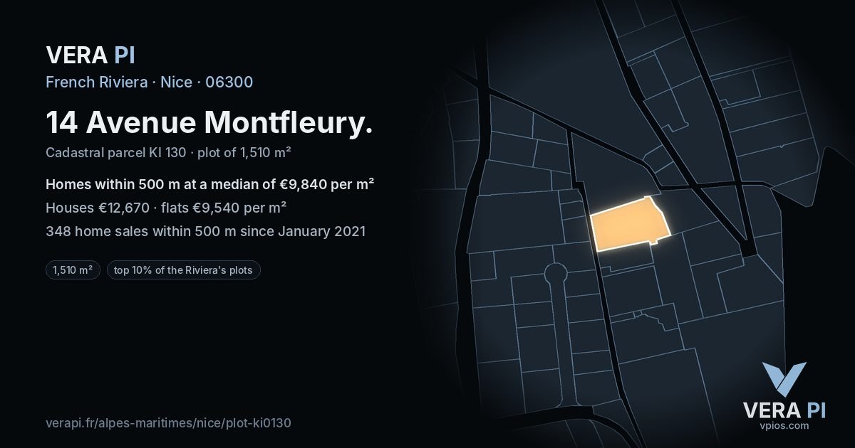 14 Avenue Montfleury, Nice at night – the plot lit, the parcels around coloured by the prices near them