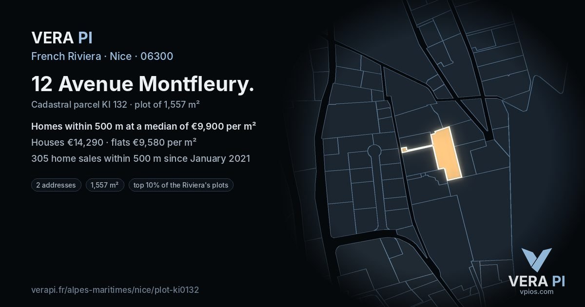 12 Avenue Montfleury, Nice at night – the plot lit, the parcels around coloured by the prices near them