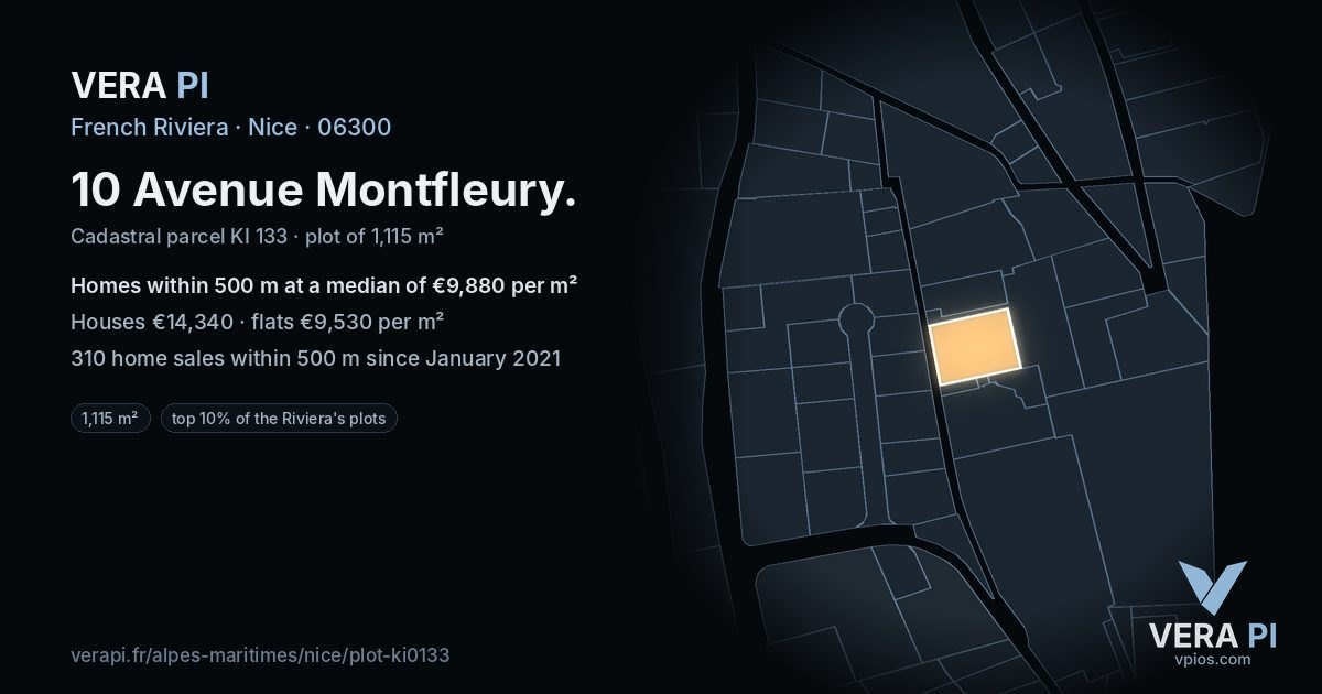 10 Avenue Montfleury, Nice at night – the plot lit, the parcels around coloured by the prices near them