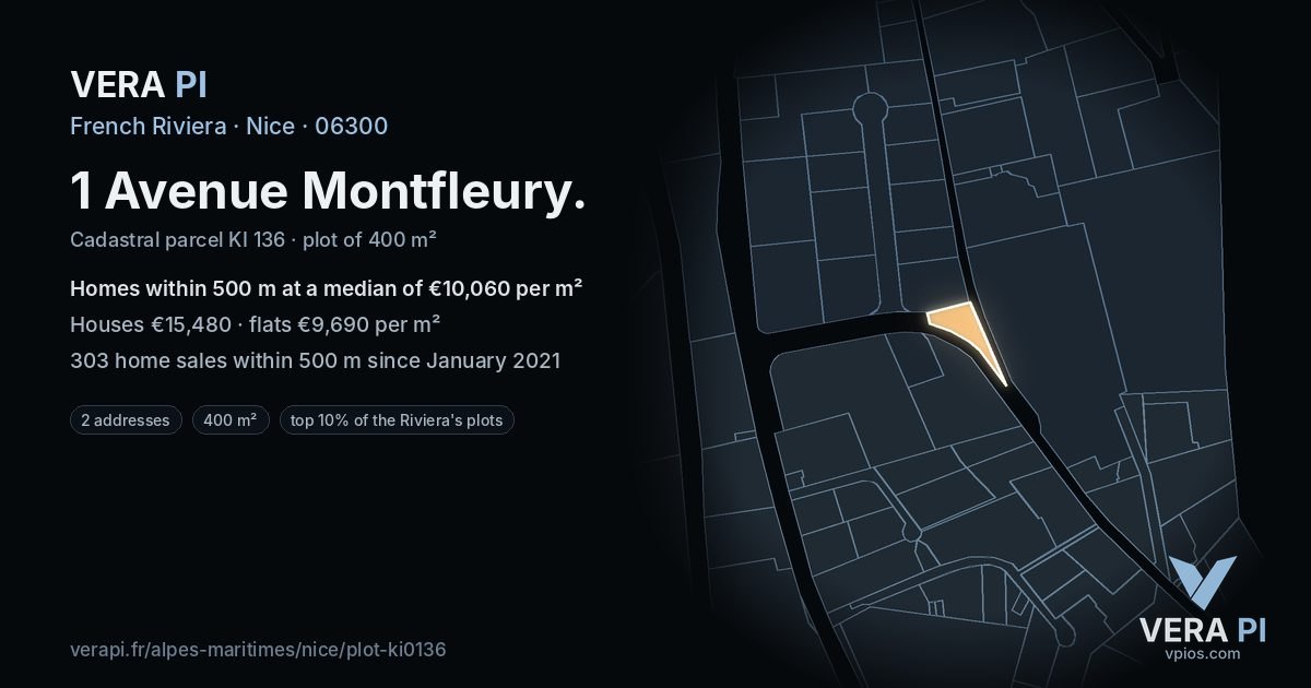 1 Avenue Montfleury, Nice at night – the plot lit, the parcels around coloured by the prices near them