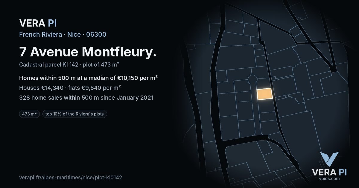 7 Avenue Montfleury, Nice at night – the plot lit, the parcels around coloured by the prices near them