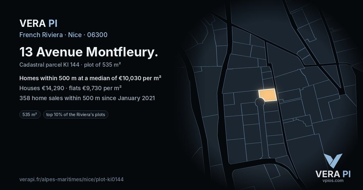 13 Avenue Montfleury, Nice at night – the plot lit, the parcels around coloured by the prices near them