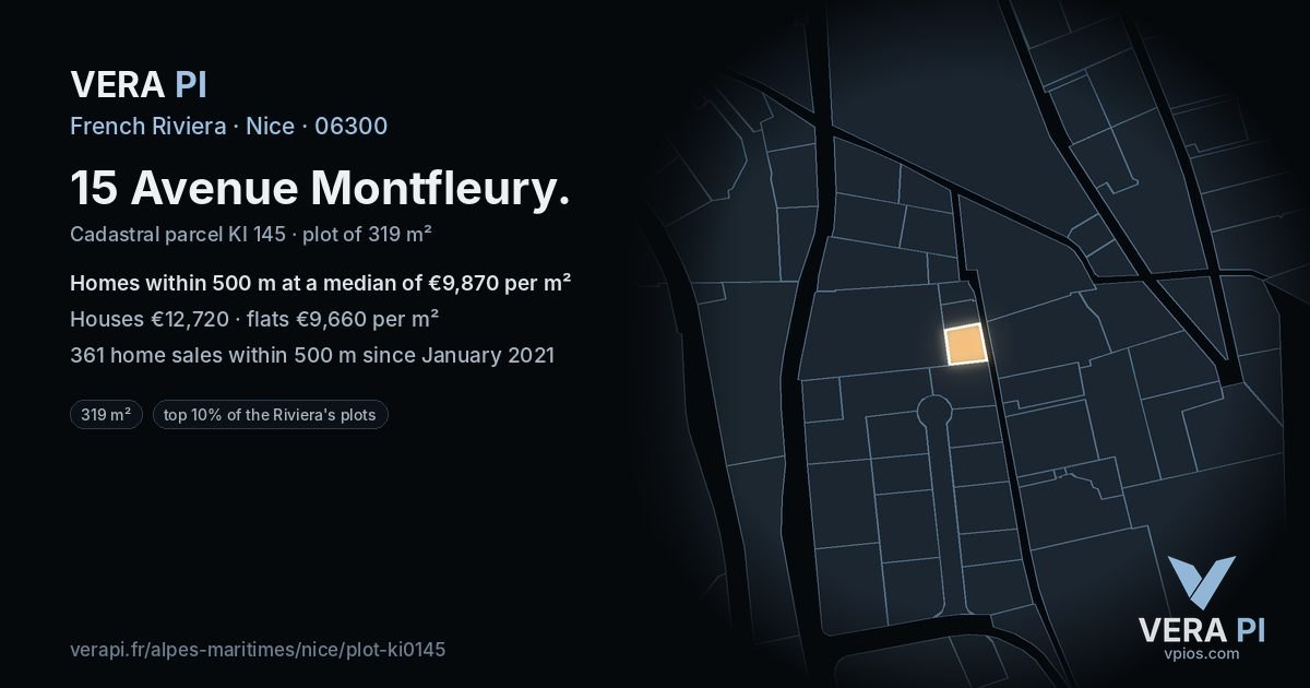 15 Avenue Montfleury, Nice at night – the plot lit, the parcels around coloured by the prices near them