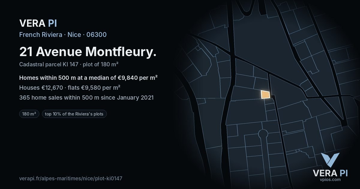 21 Avenue Montfleury, Nice at night – the plot lit, the parcels around coloured by the prices near them