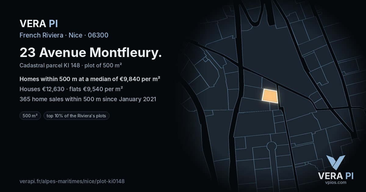 23 Avenue Montfleury, Nice at night – the plot lit, the parcels around coloured by the prices near them
