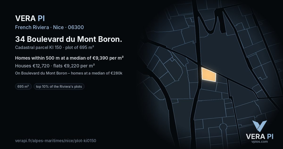 34 Boulevard du Mont Boron, Nice at night – the plot lit, the parcels around coloured by the prices near them
