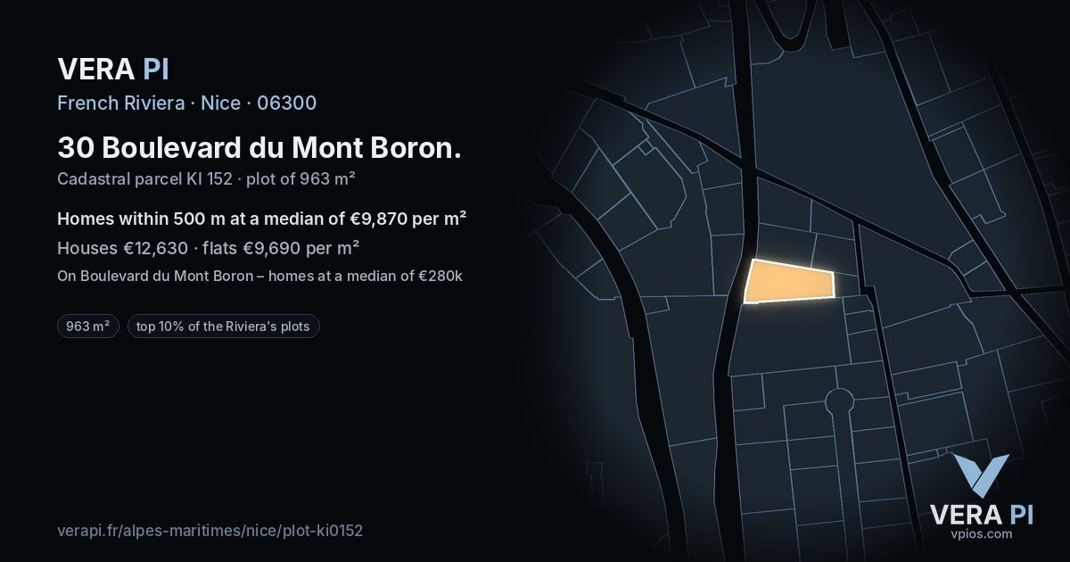 30 Boulevard du Mont Boron, Nice at night – the plot lit, the parcels around coloured by the prices near them