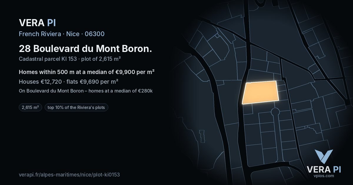 28 Boulevard du Mont Boron, Nice at night – the plot lit, the parcels around coloured by the prices near them