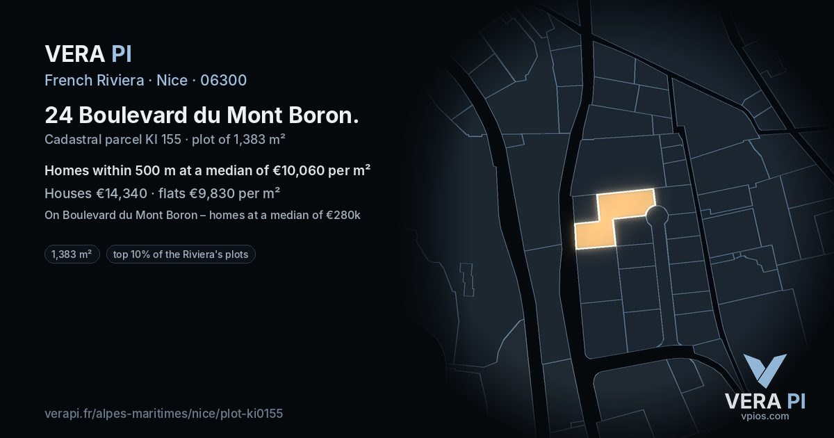 24 Boulevard du Mont Boron, Nice at night – the plot lit, the parcels around coloured by the prices near them