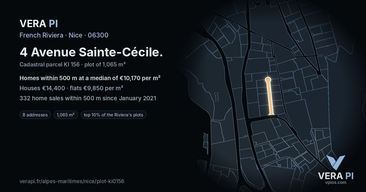 4 Avenue Sainte-Cécile, Nice at night – the plot lit, the parcels around coloured by the prices near them