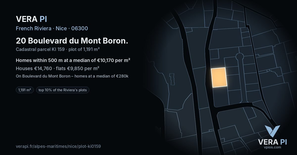 20 Boulevard du Mont Boron, Nice at night – the plot lit, the parcels around coloured by the prices near them