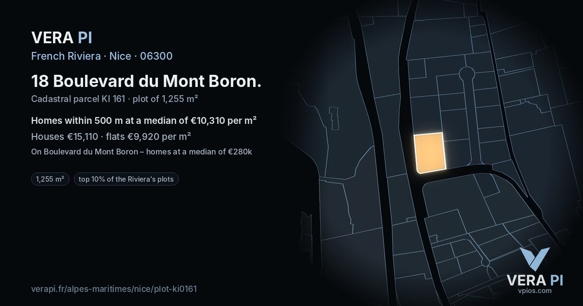 18 Boulevard du Mont Boron, Nice at night – the plot lit, the parcels around coloured by the prices near them