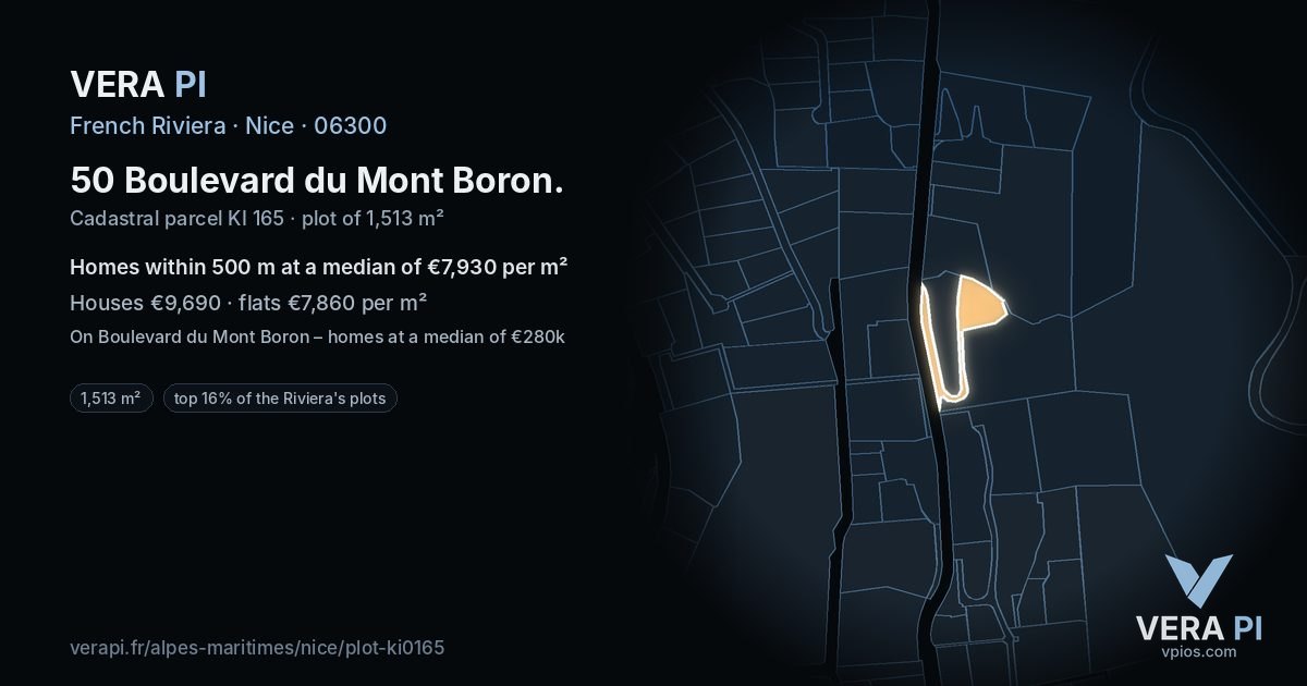 50 Boulevard du Mont Boron, Nice at night – the plot lit, the parcels around coloured by the prices near them