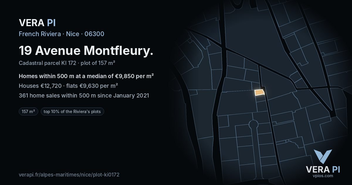 19 Avenue Montfleury, Nice at night – the plot lit, the parcels around coloured by the prices near them