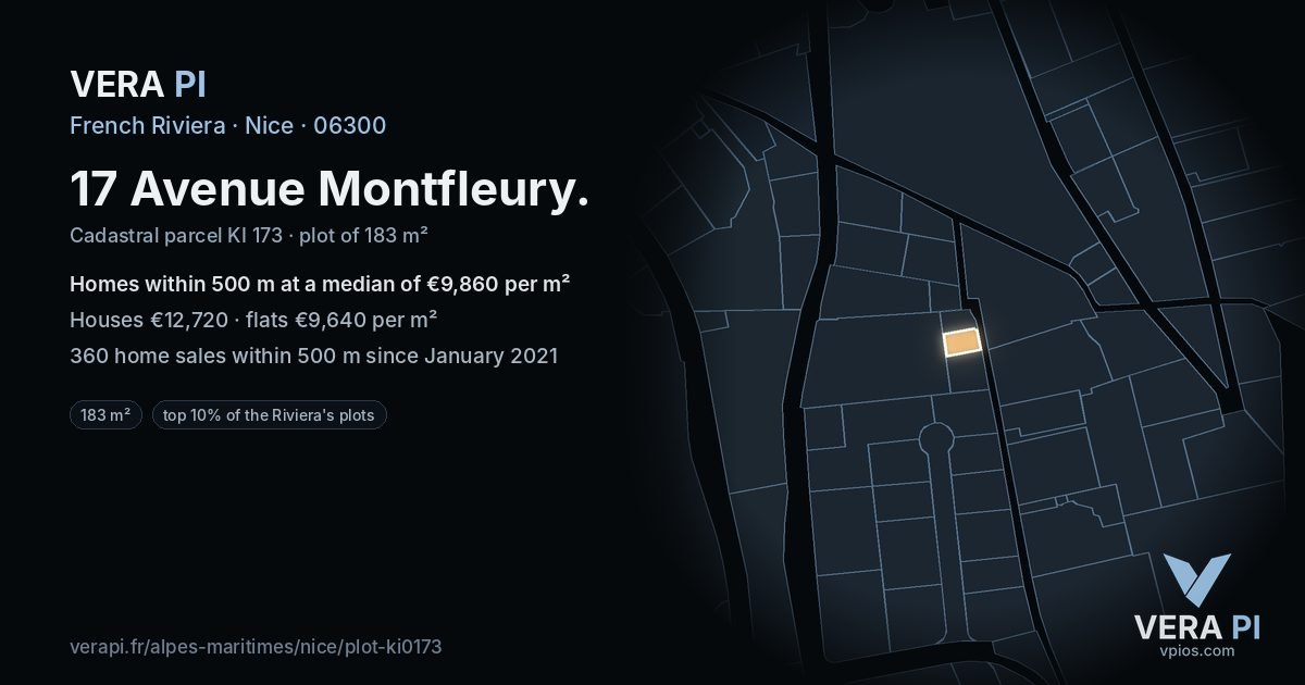 17 Avenue Montfleury, Nice at night – the plot lit, the parcels around coloured by the prices near them