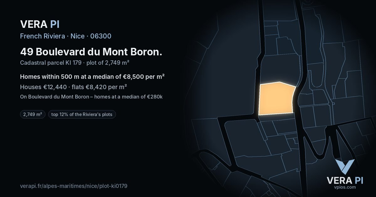 49 Boulevard du Mont Boron, Nice at night – the plot lit, the parcels around coloured by the prices near them
