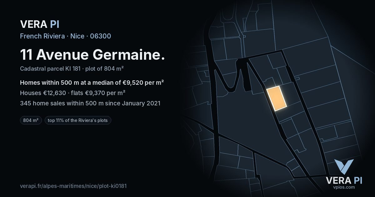 11 Avenue Germaine, Nice at night – the plot lit, the parcels around coloured by the prices near them