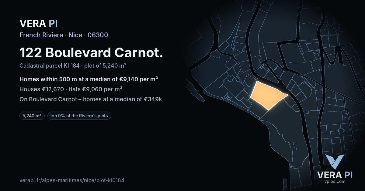 122 Boulevard Carnot, Nice at night – the plot lit, the parcels around coloured by the prices near them