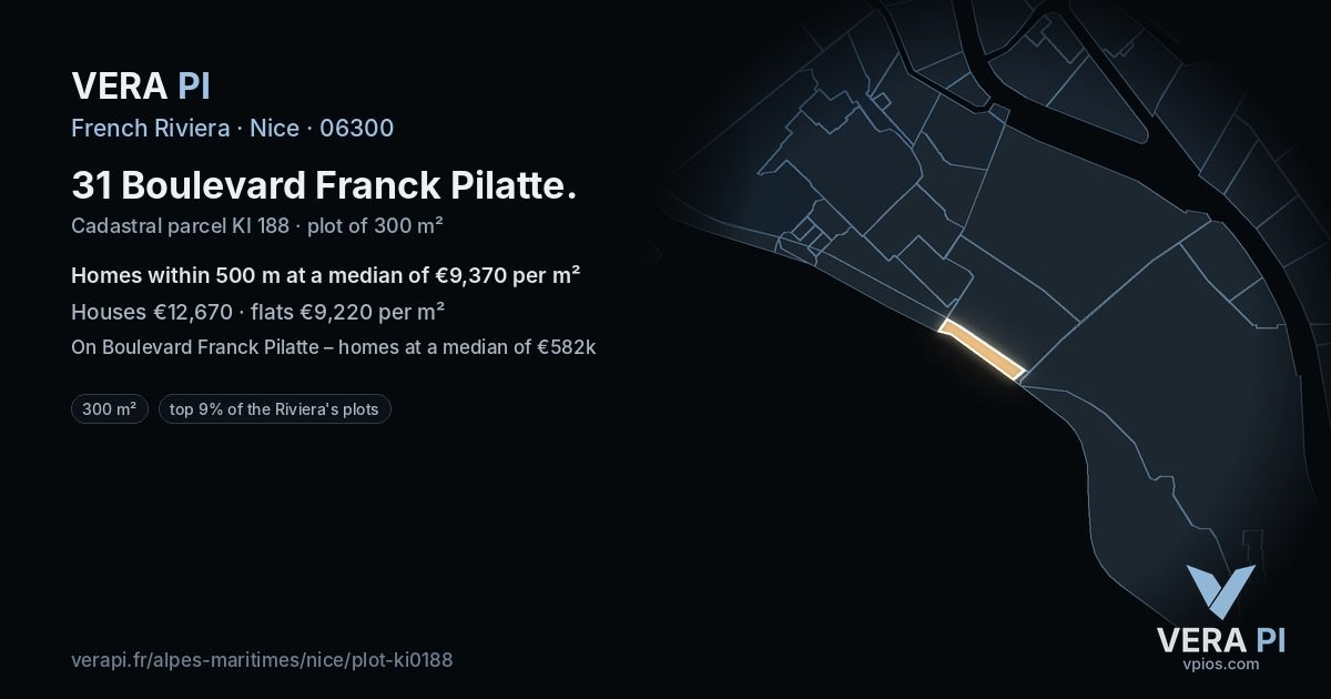 31 Boulevard Franck Pilatte, Nice at night – the plot lit, the parcels around coloured by the prices near them
