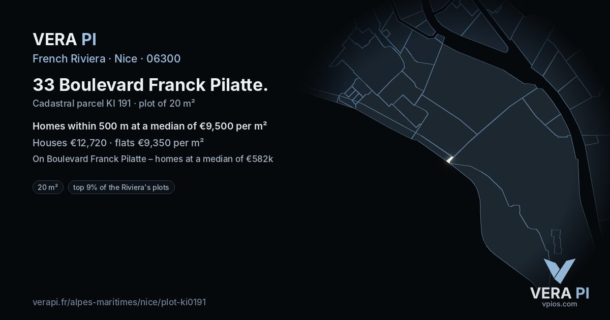 33 Boulevard Franck Pilatte, Nice at night – the plot lit, the parcels around coloured by the prices near them