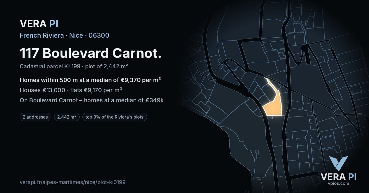 117 Boulevard Carnot, Nice at night – the plot lit, the parcels around coloured by the prices near them