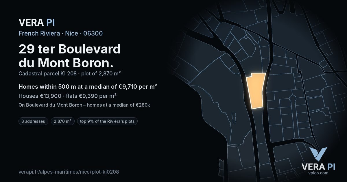 29 ter Boulevard du Mont Boron, Nice at night – the plot lit, the parcels around coloured by the prices near them