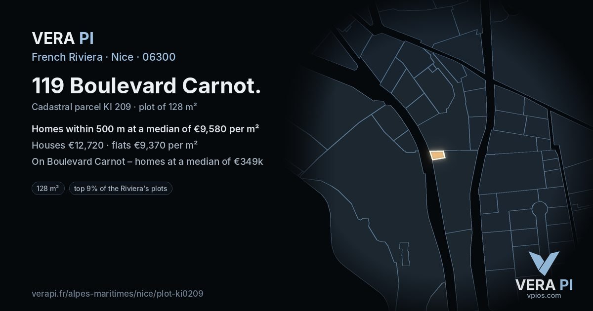 119 Boulevard Carnot, Nice at night – the plot lit, the parcels around coloured by the prices near them