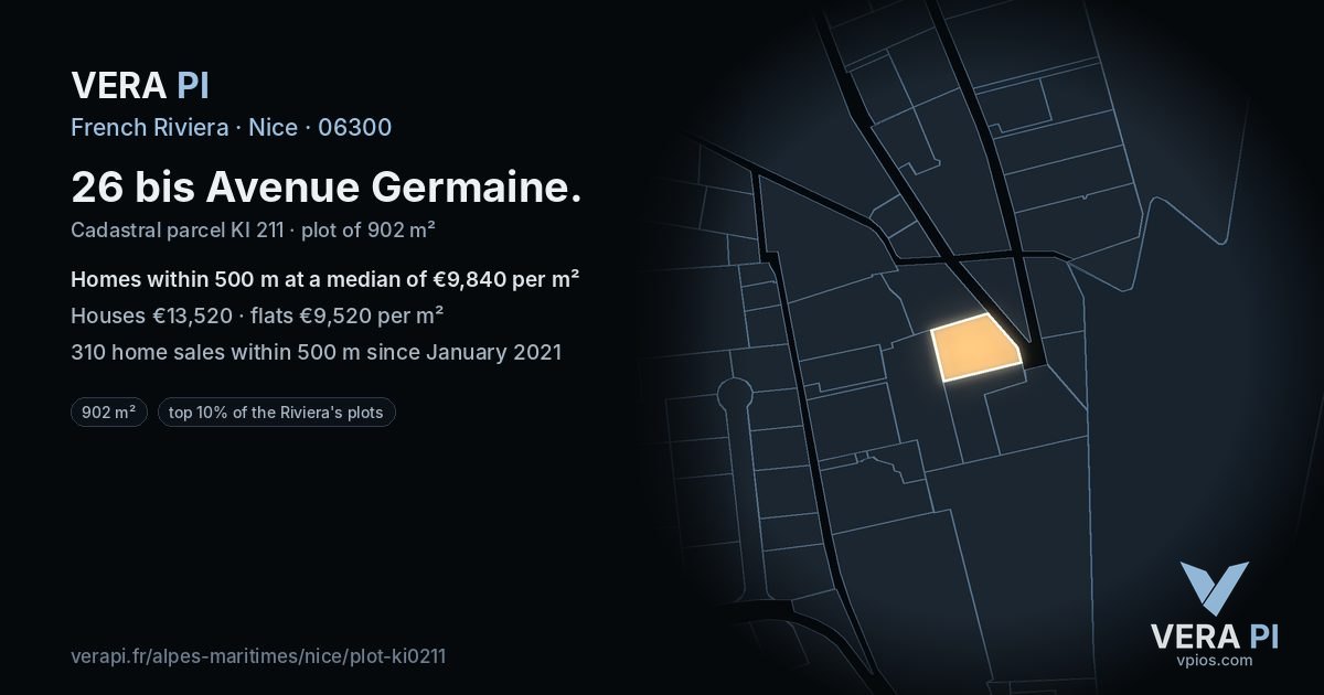 26 bis Avenue Germaine, Nice at night – the plot lit, the parcels around coloured by the prices near them