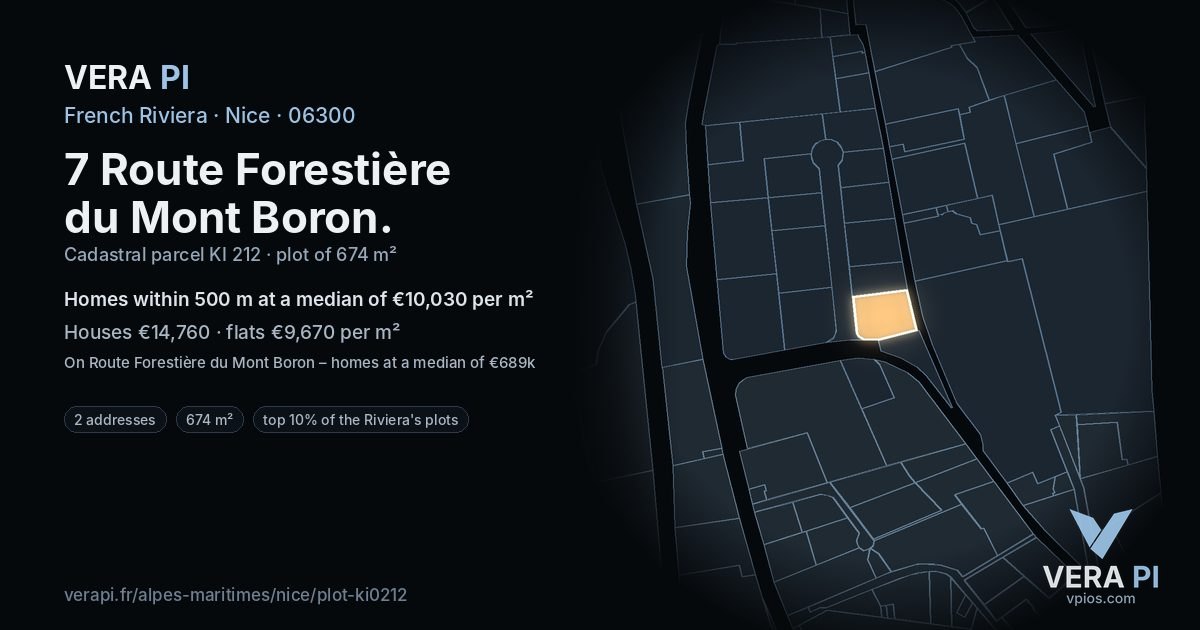 7 Route Forestière du Mont Boron, Nice at night – the plot lit, the parcels around coloured by the prices near them