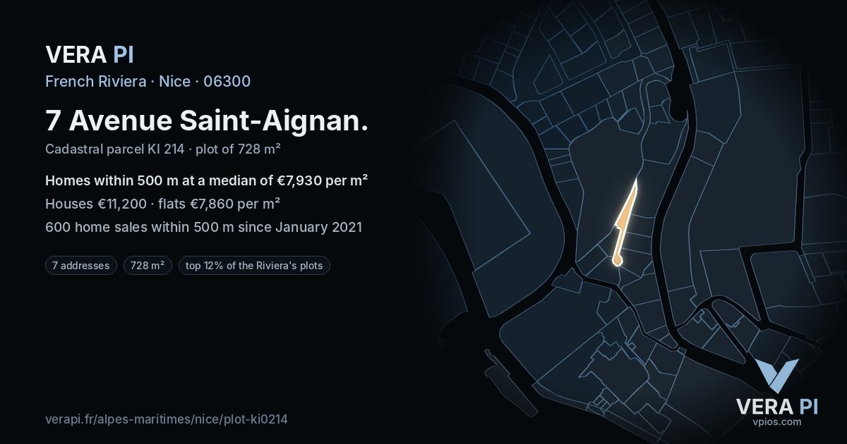 7 Avenue Saint-Aignan, Nice at night – the plot lit, the parcels around coloured by the prices near them
