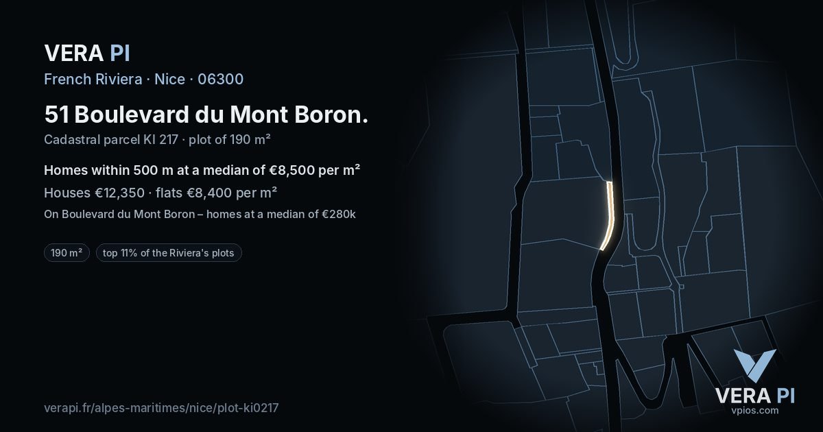 51 Boulevard du Mont Boron, Nice at night – the plot lit, the parcels around coloured by the prices near them