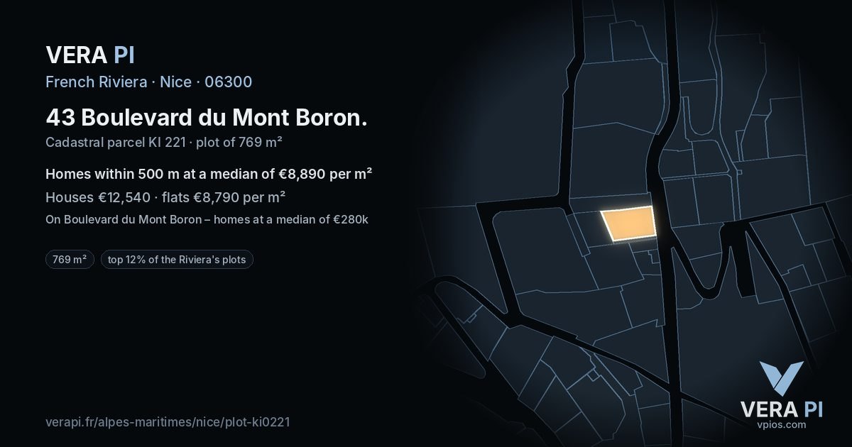 43 Boulevard du Mont Boron, Nice at night – the plot lit, the parcels around coloured by the prices near them