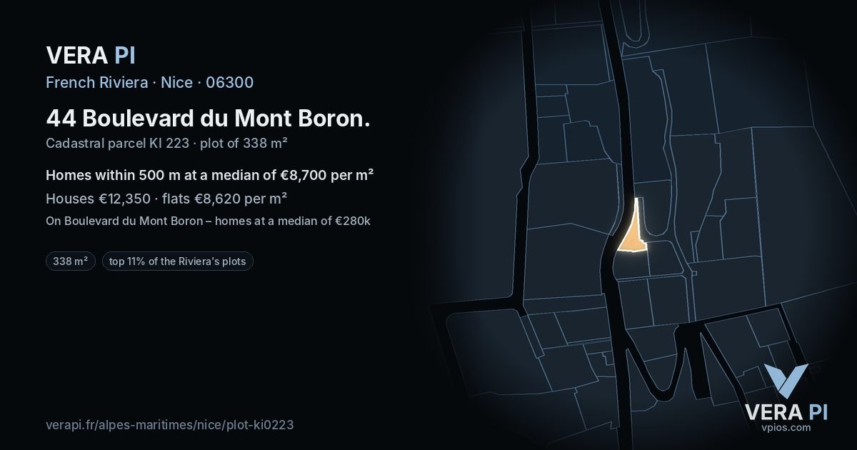 44 Boulevard du Mont Boron, Nice at night – the plot lit, the parcels around coloured by the prices near them