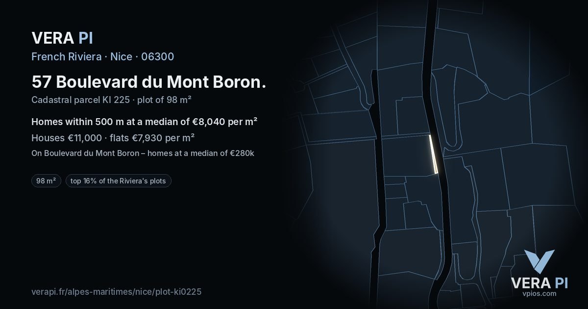 57 Boulevard du Mont Boron, Nice at night – the plot lit, the parcels around coloured by the prices near them
