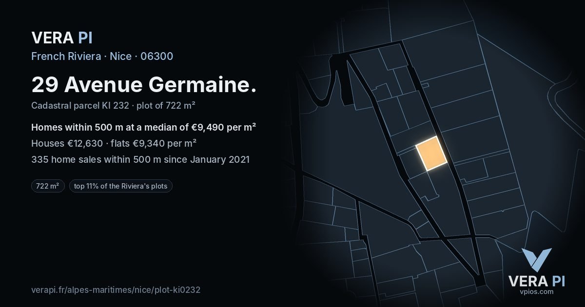 29 Avenue Germaine, Nice at night – the plot lit, the parcels around coloured by the prices near them