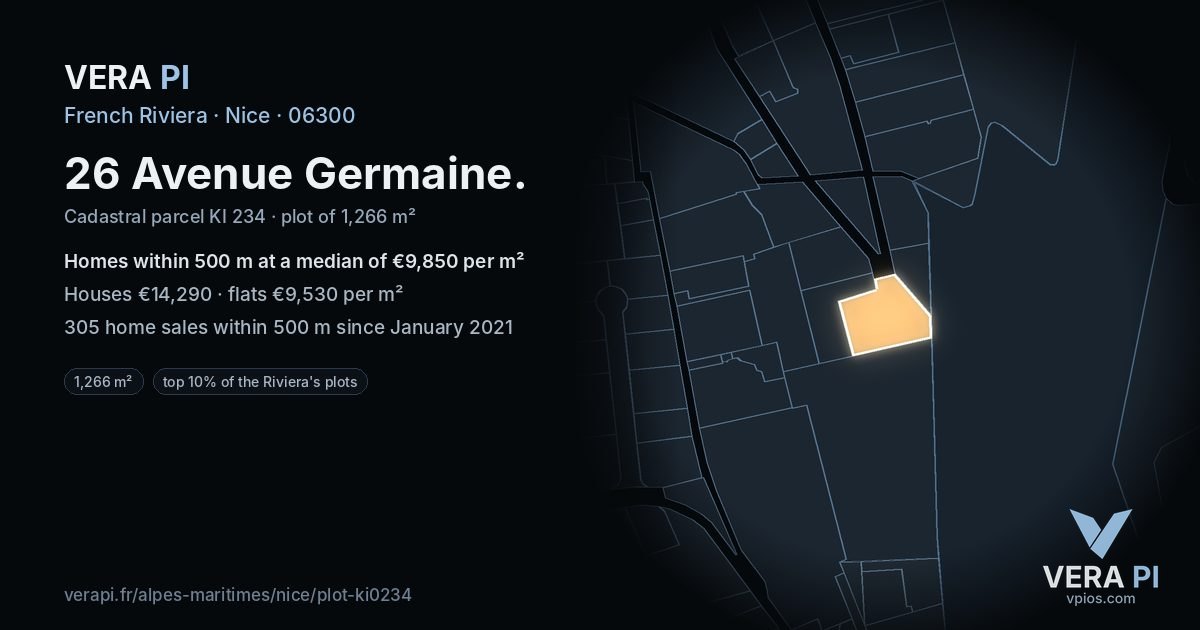 26 Avenue Germaine, Nice at night – the plot lit, the parcels around coloured by the prices near them