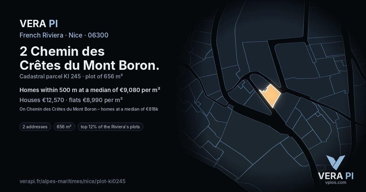 2 Chemin des Crêtes du Mont Boron, Nice at night – the plot lit, the parcels around coloured by the prices near them