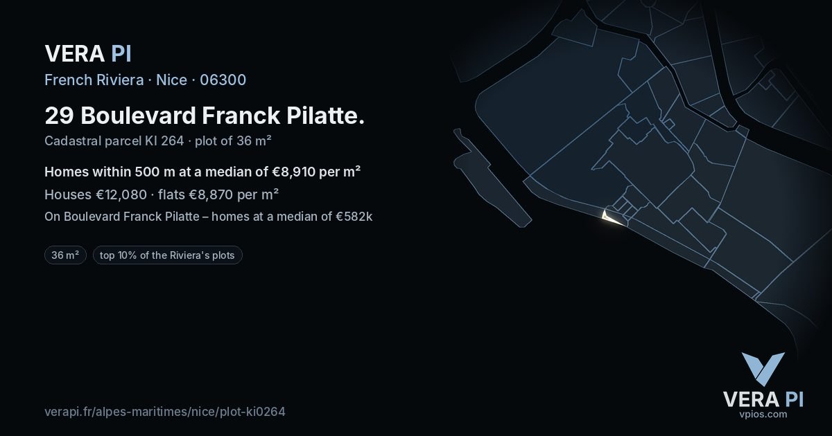 29 Boulevard Franck Pilatte, Nice at night – the plot lit, the parcels around coloured by the prices near them
