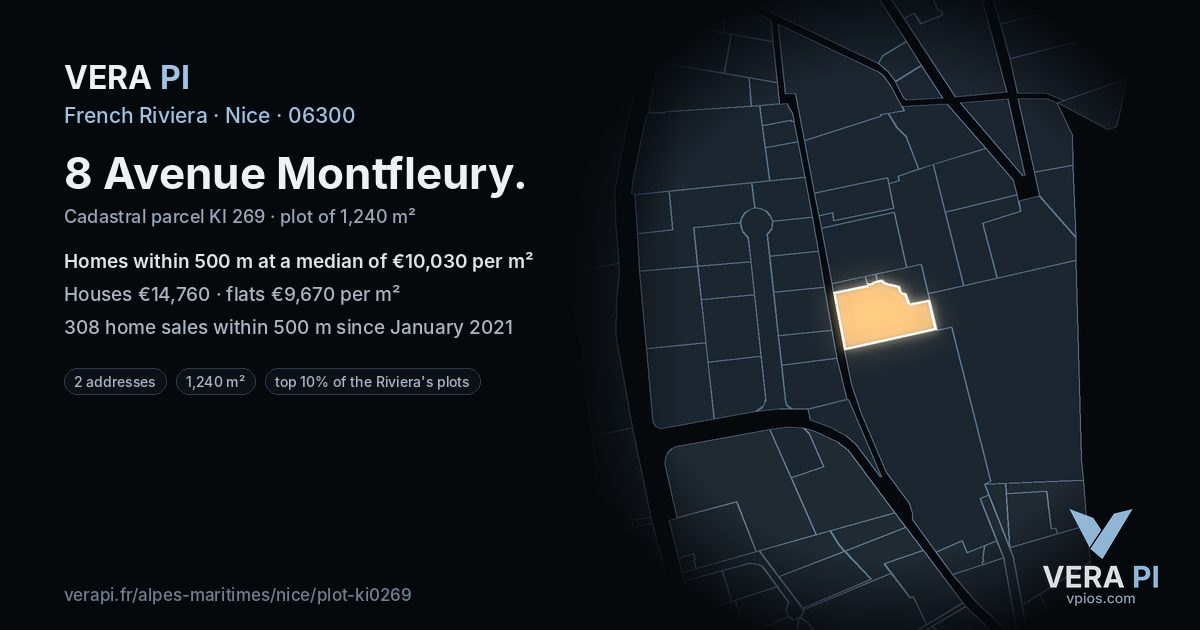 8 Avenue Montfleury, Nice at night – the plot lit, the parcels around coloured by the prices near them
