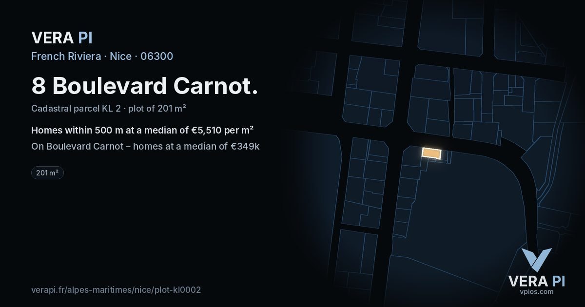 8 Boulevard Carnot, Nice at night – the plot lit, the parcels around coloured by the prices near them