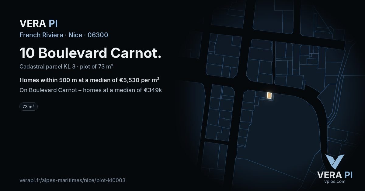 10 Boulevard Carnot, Nice at night – the plot lit, the parcels around coloured by the prices near them