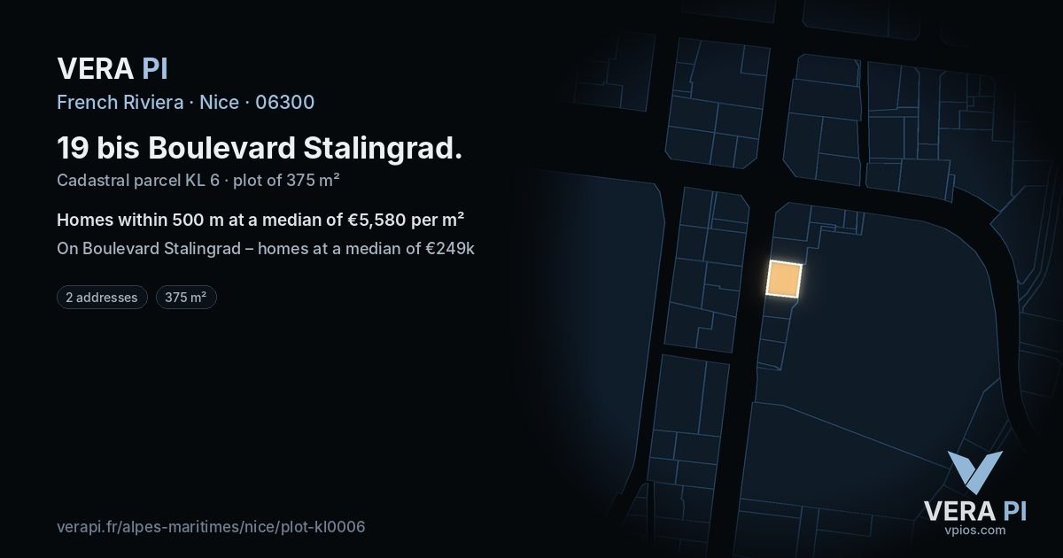 19 bis Boulevard Stalingrad, Nice at night – the plot lit, the parcels around coloured by the prices near them
