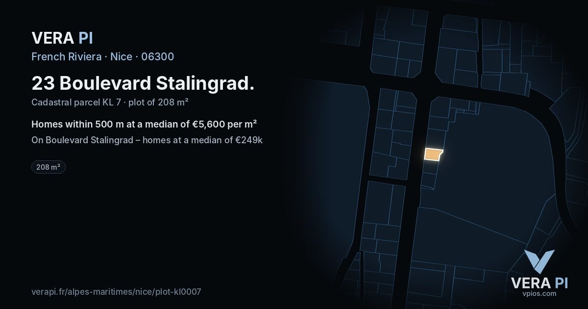 23 Boulevard Stalingrad, Nice at night – the plot lit, the parcels around coloured by the prices near them