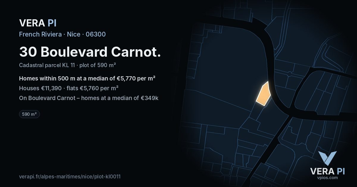 30 Boulevard Carnot, Nice at night – the plot lit, the parcels around coloured by the prices near them