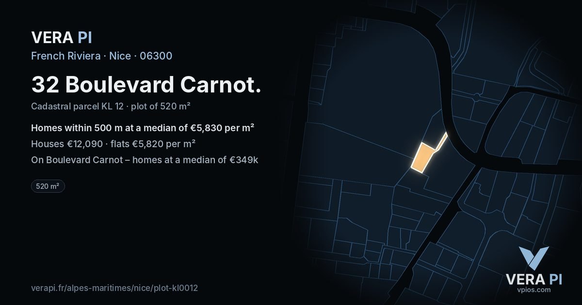 32 Boulevard Carnot, Nice at night – the plot lit, the parcels around coloured by the prices near them